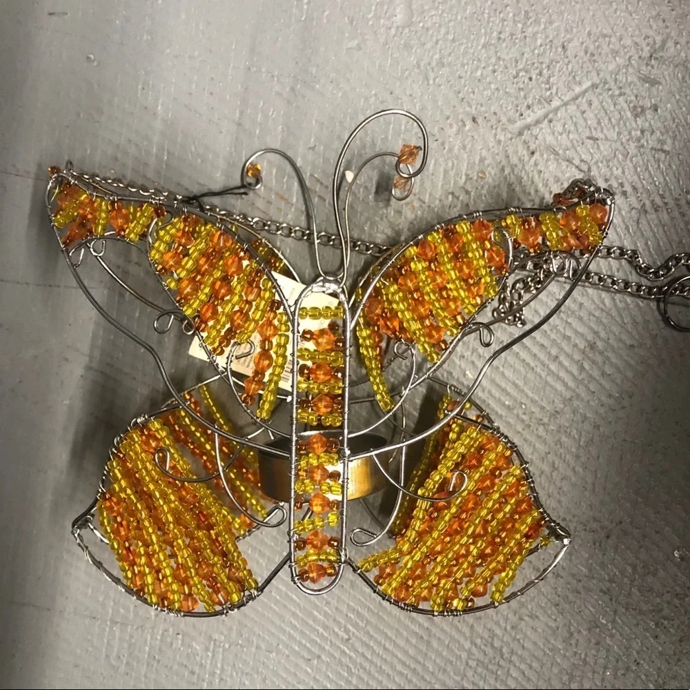 Vintage Pier 1 Orange & Yellow Beaded Butterfly Tea Light Hanging Garden Lantern